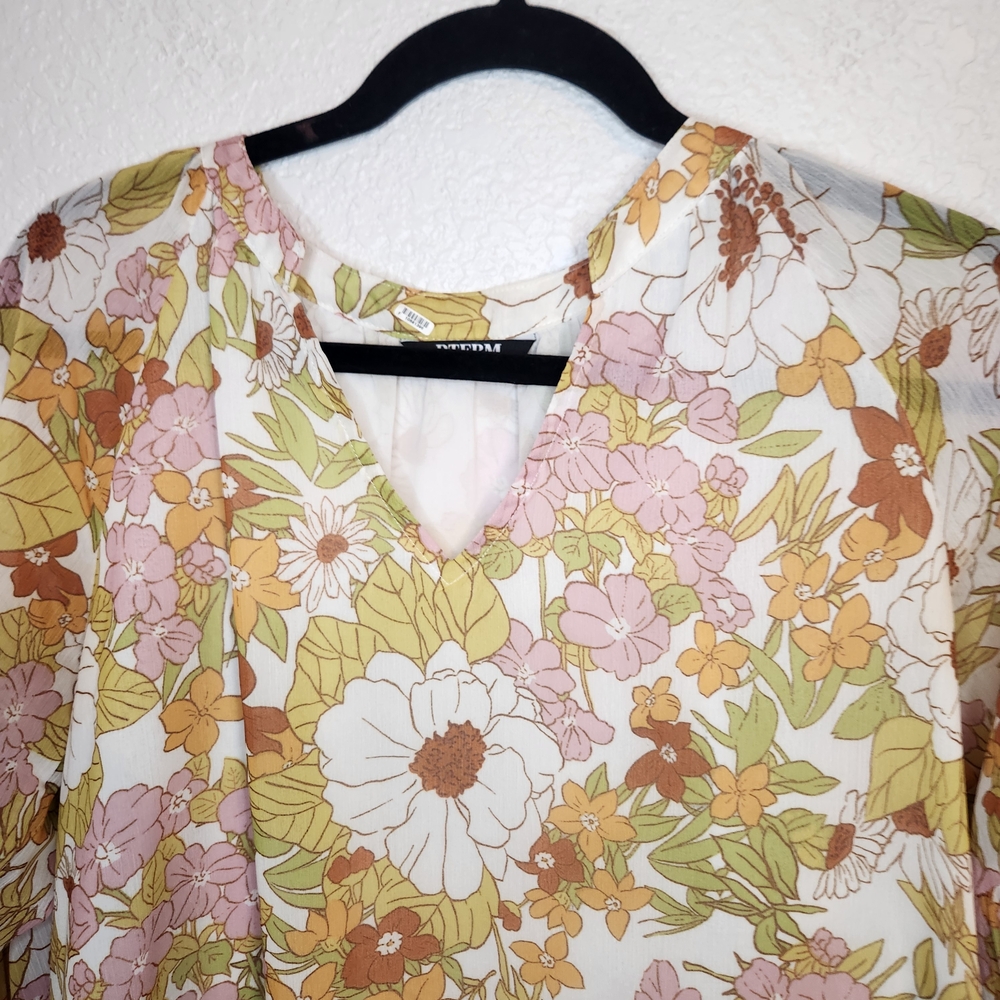 BTFBM Retro Floral Blouse V-Neck Long Sleeve Lined Women's Medium Orange Pinks - Picture 9 of 16
